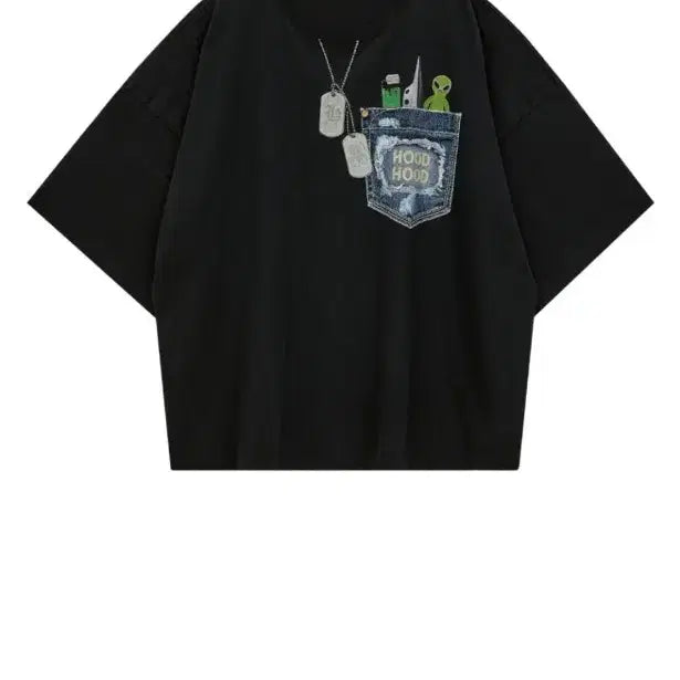 [BUNJANG] Alien Pocket Oversized Short Sleeve T-Shirt Black Size 1 / 새제품 후드후드 데님 외계인 포켓 루즈핏 반팔 블랙 티셔츠 1싸이즈