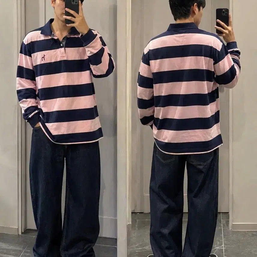 [BUNJANG] Hazzys Navy Pink Stripe Polo Shirt Size 110 / 헤지스 네이비 핑크 스트라이프 카라티 110