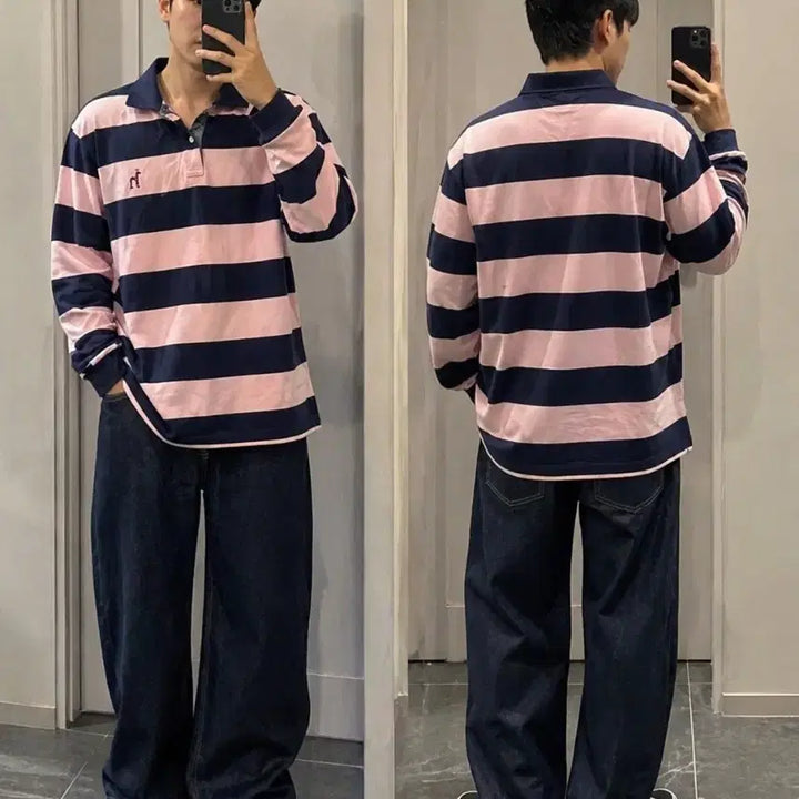 [BUNJANG] Hazzys Navy Pink Stripe Polo Shirt Size 110 / 헤지스 네이비 핑크 스트라이프 카라티 110