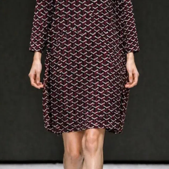 [BUNJANG] Goyard Pattern 3/4 Sleeve Dress Burgundy / 고야드 패턴 칠부 원피스 버건디