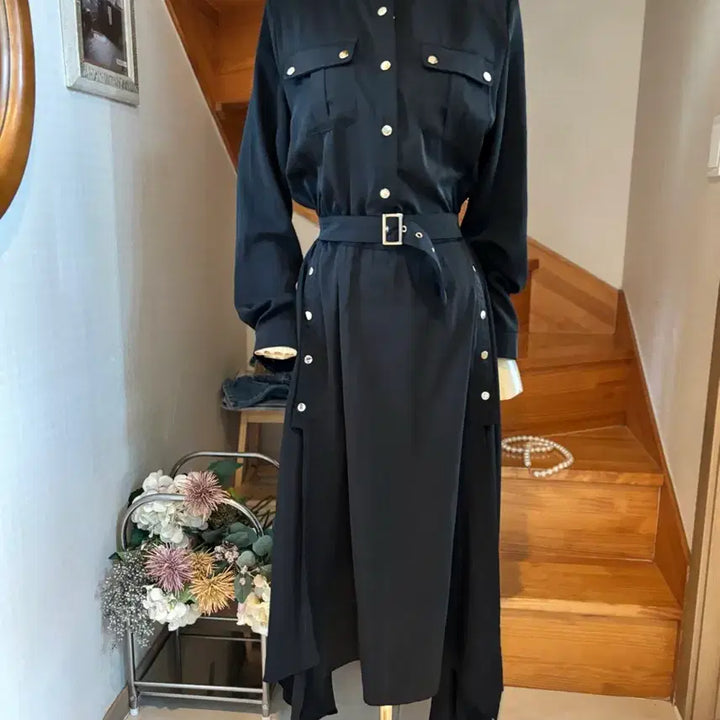[BUNJANG] Black Belt Long Shirt Dress Size M / 블랙 벨트 롱 셔츠 원피스 31. M