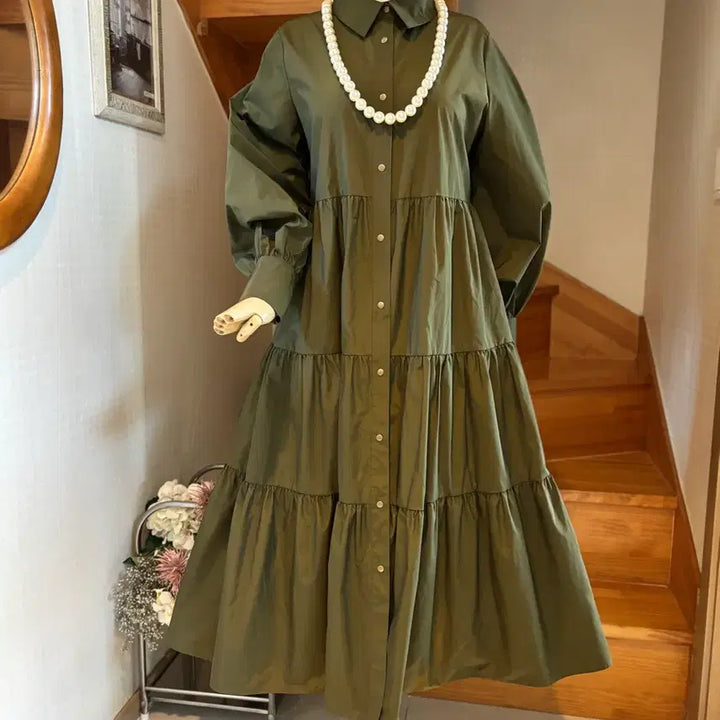 [BUNJANG] Khaki Long Shirt Dress / 카키색 롱 셔츠 원피스. 바스락 힘 있음