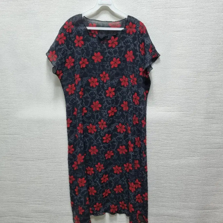 [BUNJANG] Red Flower Pattern Short Sleeve Long Dress / w336 반팔 롱 원피스
