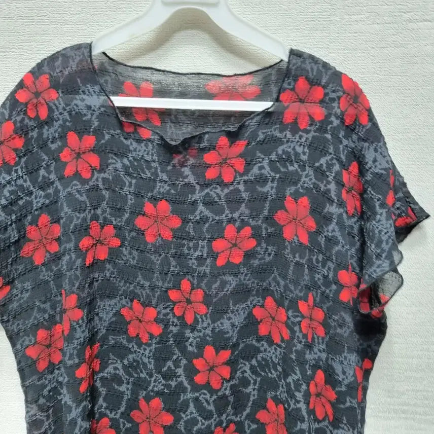 [BUNJANG] Red Flower Pattern Short Sleeve Long Dress / w336 반팔 롱 원피스