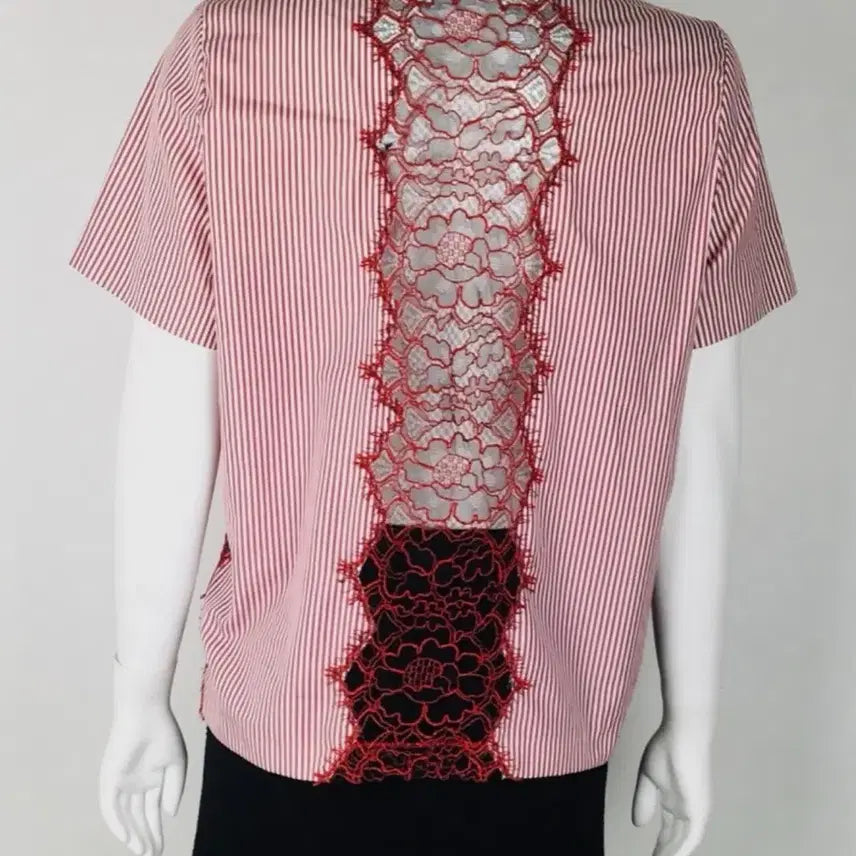 [BUNJANG] Sandro Red Stripe Short Sleeve Lace Blouse / 산드로 레드 스트라이프 레이스 반팔 블라우스
