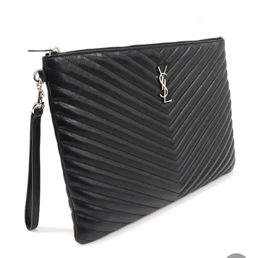 [BUNJANG] Saint Laurent Black Matelassé Monogram Document Holder Strap Clutch Large Silver / 생로랑 블랙 마틀라세 모노그램 다큐먼트 홀더 스트랩 클러치 은장 라지