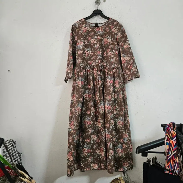 [BUNJANG] Floral Long Dress - Brown / 플라워 롱 원피스 브라운