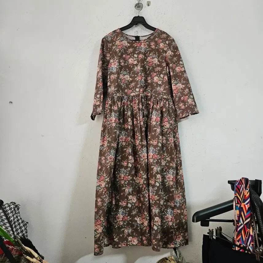 [BUNJANG] Floral Long Dress - Brown / 플라워 롱 원피스 브라운