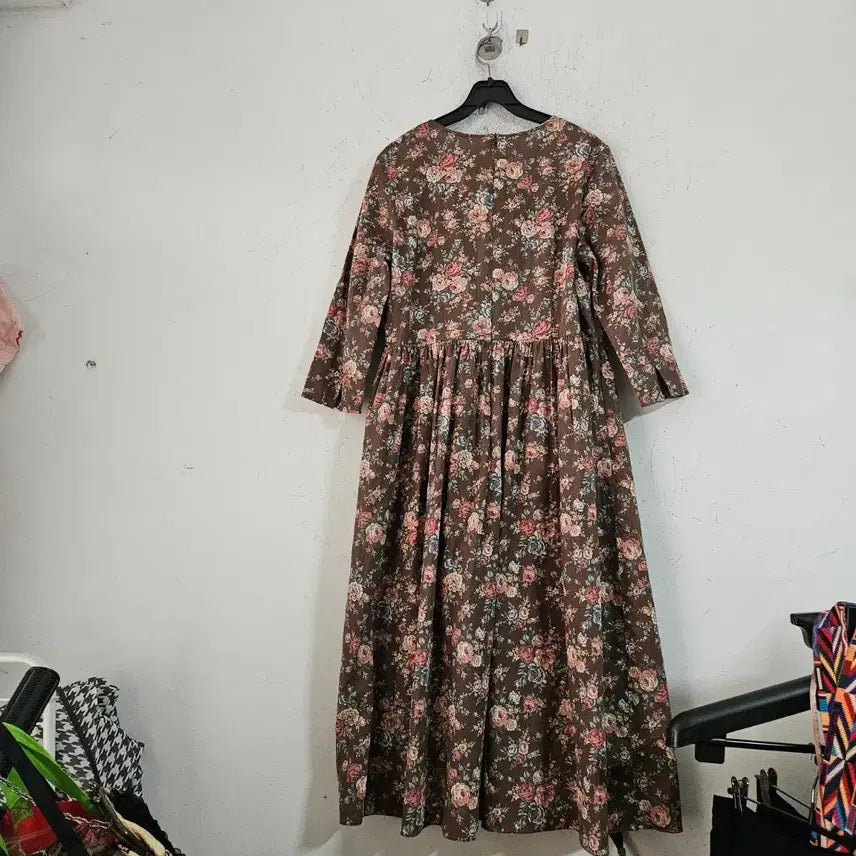 [BUNJANG] Floral Long Dress - Brown / 플라워 롱 원피스 브라운