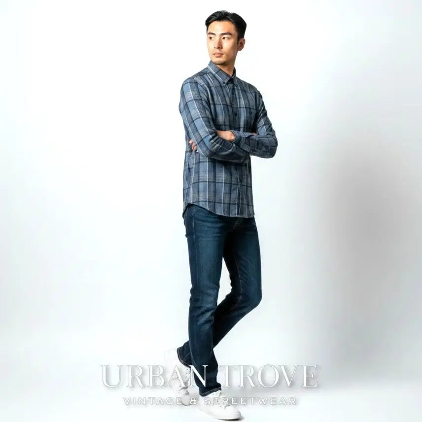 [BUNJANG] KOLON SPORT Blue Check Regular Fit Shirt L (100) / 코오롱스포츠 블루 체크 셔츠 L 100