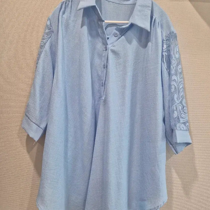 [BUNJANG] Light Blue Lace Sleeve Blouse Shirt / 레이스 소매 하늘색 셔츠 블라우스
