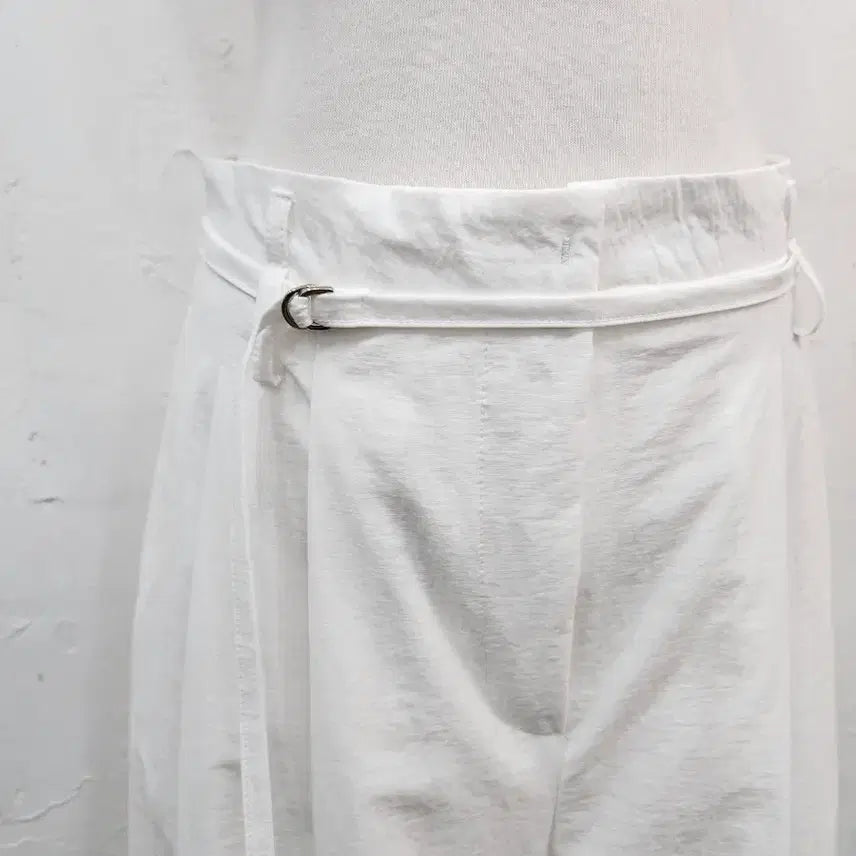 [BUNJANG] White Linen Wide Pants with Belt / 화이트 아노락 와이드 팬츠