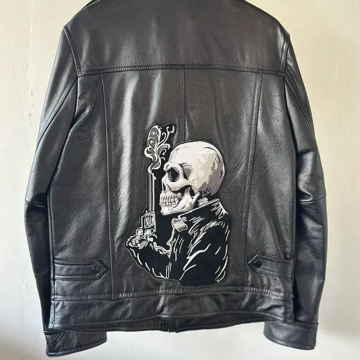 [BUNJANG] Skull Embroidery Leather Jacket / 스컬 자수 가죽자켓