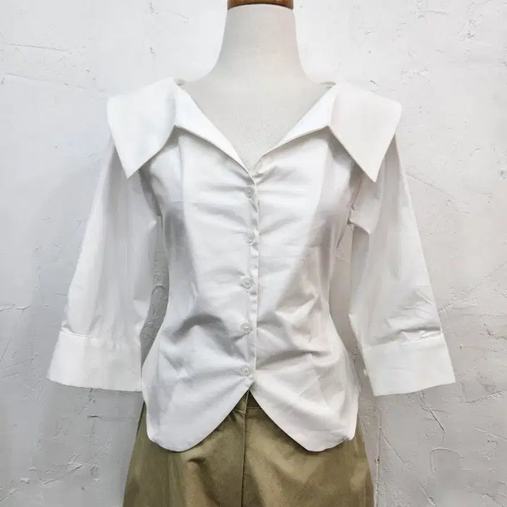 [BUNJANG] White Collar 7/10 Sleeve Shirt Blouse / 화이트 칼라 7부 셔츠 블라우스
