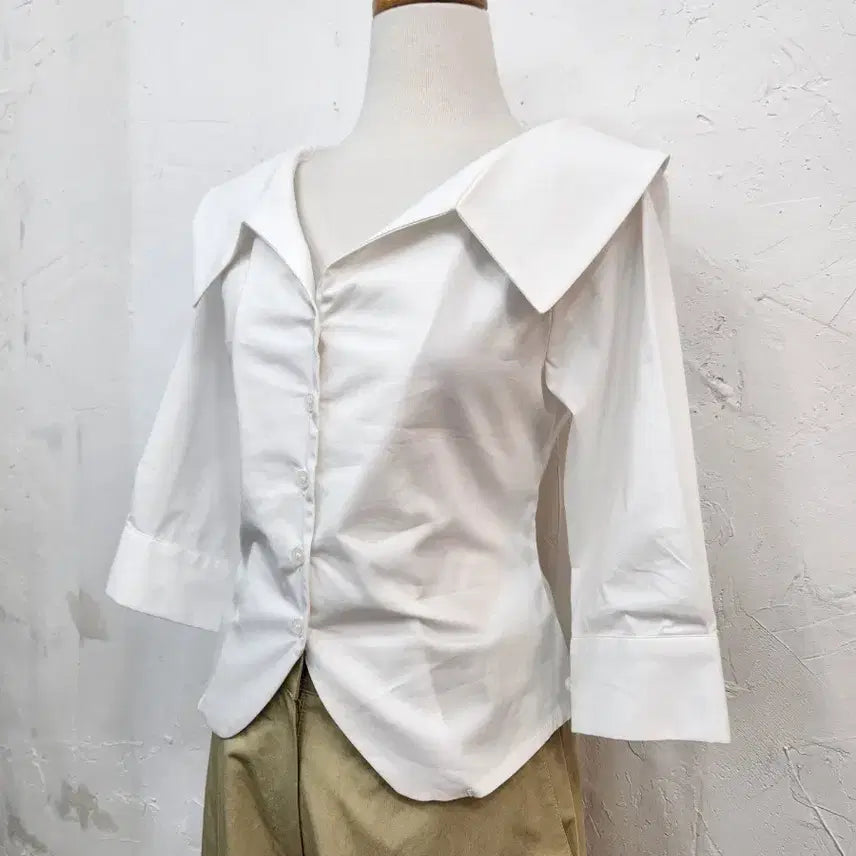[BUNJANG] White Collar 7/10 Sleeve Shirt Blouse / 화이트 칼라 7부 셔츠 블라우스