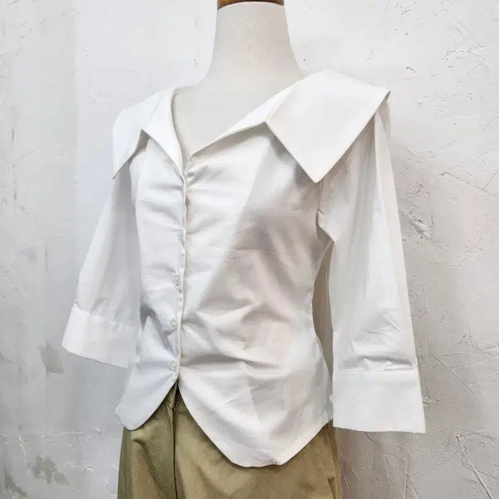 [BUNJANG] White Collar 7/10 Sleeve Shirt Blouse / 화이트 칼라 7부 셔츠 블라우스
