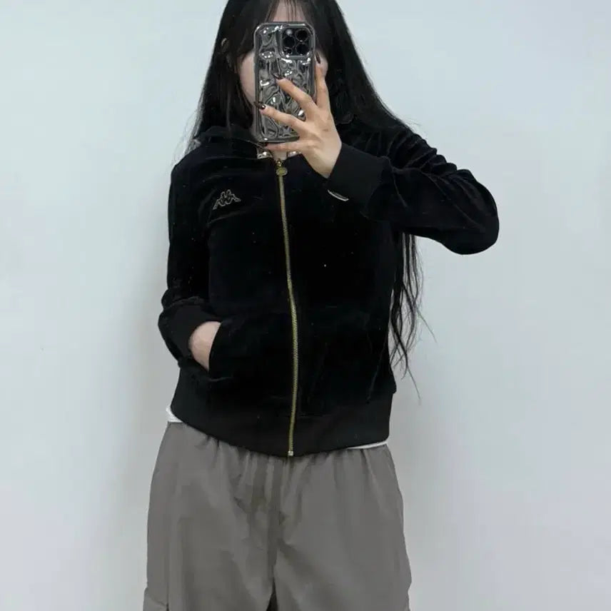 [BUNJANG] Kappa Y2K Velvet Hooded Zip-Up Jacket Black / 카파 y2k 벨벳 후드 집업 블랙 E37