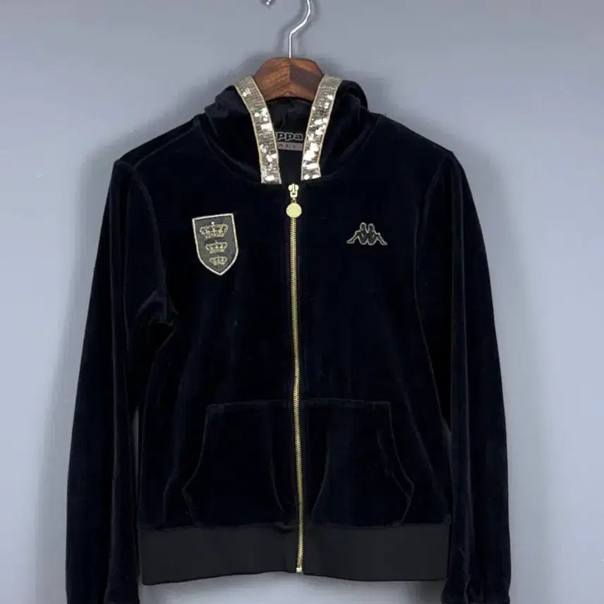 [BUNJANG] Kappa Y2K Velvet Hooded Zip-Up Jacket Black / 카파 y2k 벨벳 후드 집업 블랙 E37