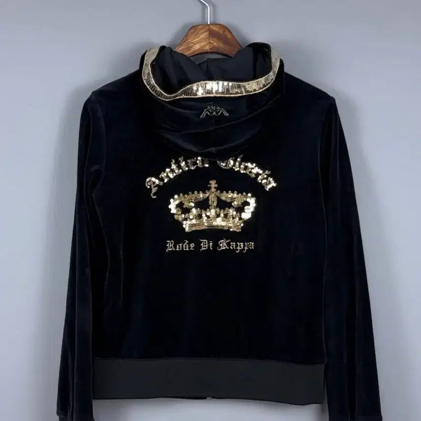 [BUNJANG] Kappa Y2K Velvet Hooded Zip-Up Jacket Black / 카파 y2k 벨벳 후드 집업 블랙 E37