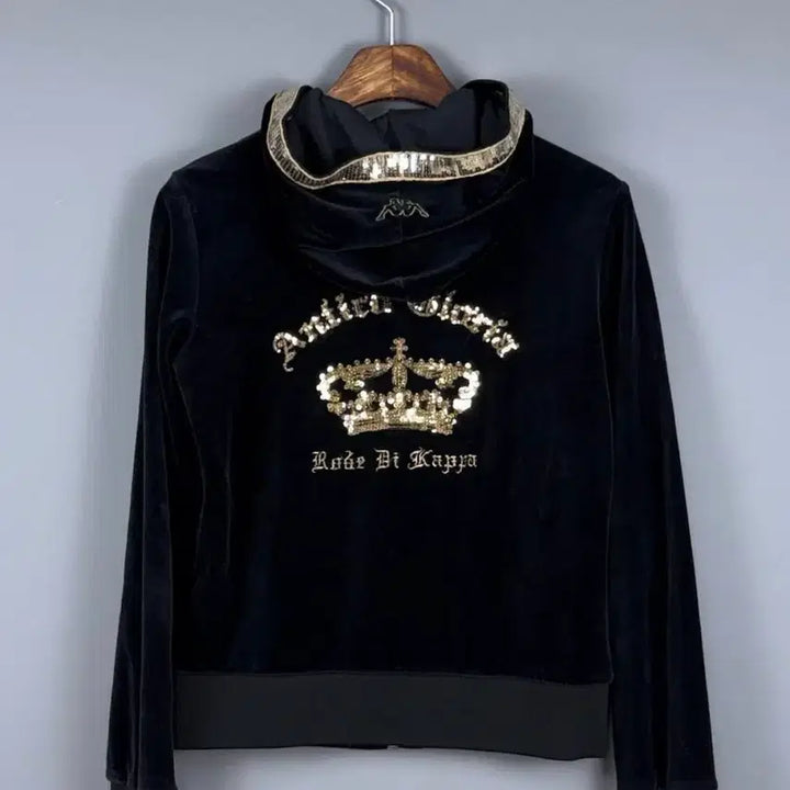 [BUNJANG] Kappa Y2K Velvet Hooded Zip-Up Jacket Black / 카파 y2k 벨벳 후드 집업 블랙 E37