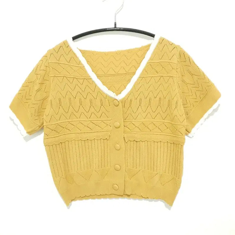 [BUNJANG] Punching Short Sleeve Crop Cardigan / 펀칭 반팔 크롭 가디건
