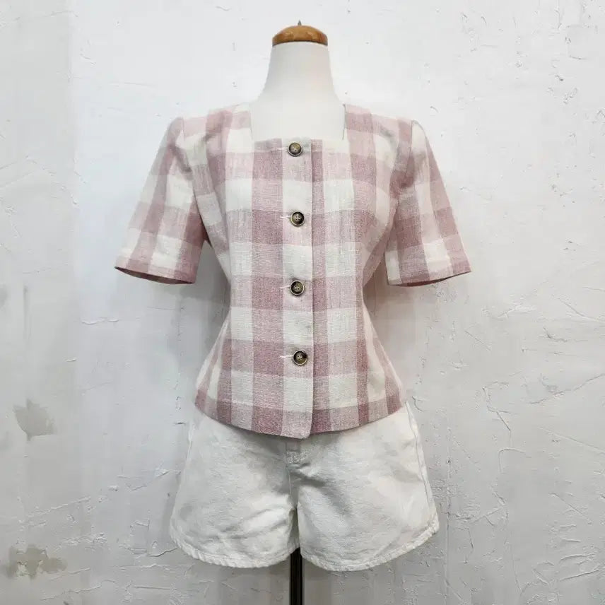 [BUNJANG] Pink Check Square Neck Short Sleeve Blouse / 핑크 체크 스퀘어넥 반팔 블라우스