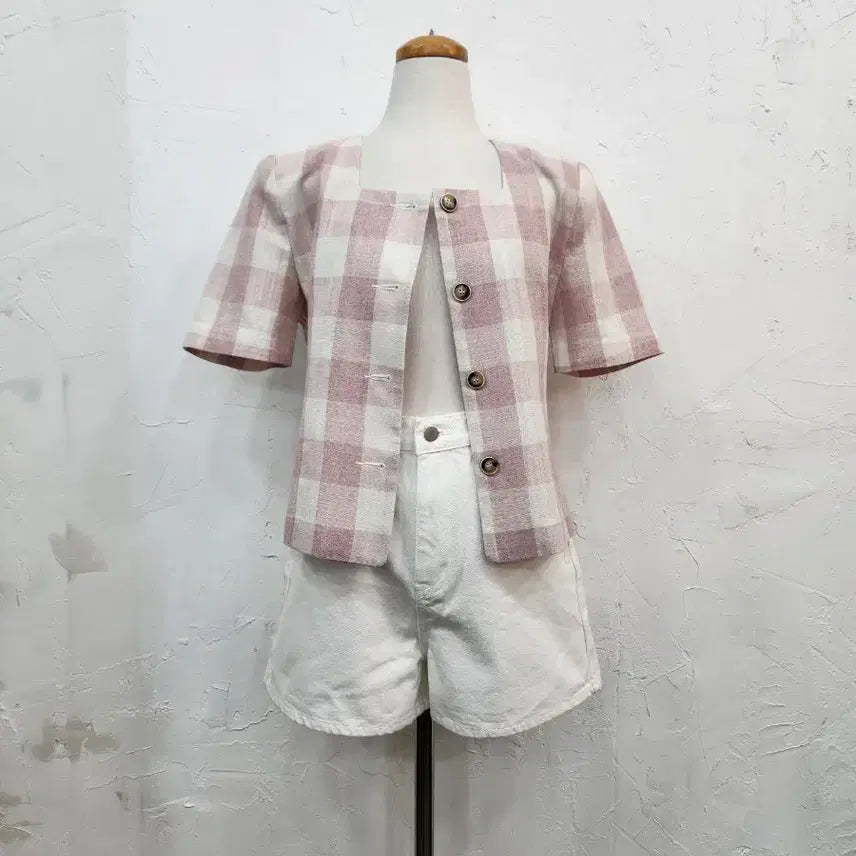 [BUNJANG] Pink Check Square Neck Short Sleeve Blouse / 핑크 체크 스퀘어넥 반팔 블라우스