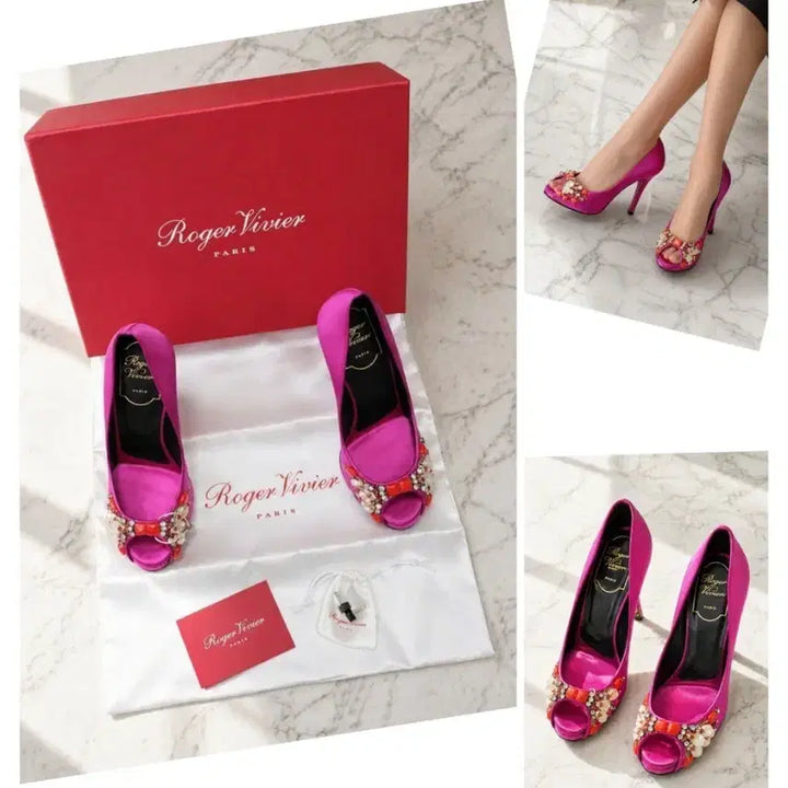 [BUNJANG] Roger Vivier Pink Satin Stone Flower Open-Toe Heels (Size 35) / (정품/새상품) 로저비비에 스톤 오픈토 힐 / 35 (220~225)