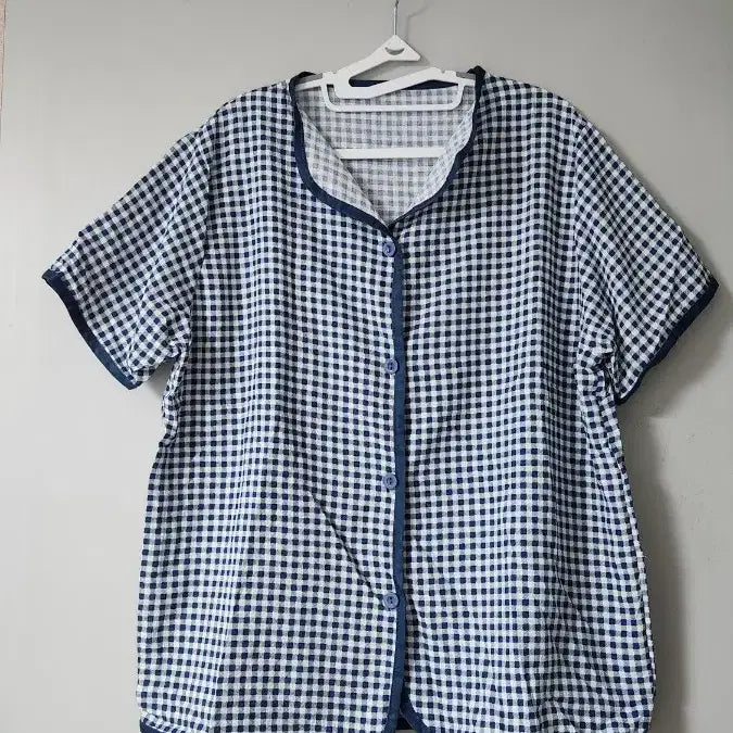 [BUNJANG] Navy Check Short Sleeve Pajama Blouse 3-Piece Set / 네이비 체크 반팔 블라우스 잠옷 3ps 새상품