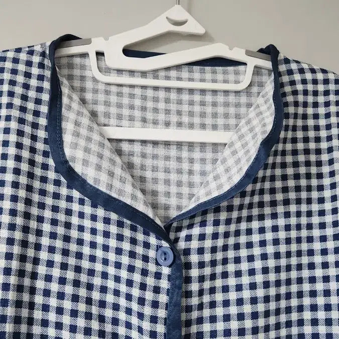 [BUNJANG] Navy Check Short Sleeve Pajama Blouse 3-Piece Set / 네이비 체크 반팔 블라우스 잠옷 3ps 새상품