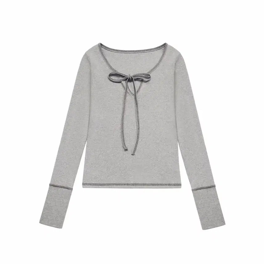 [BUNJANG] Mireco Stitch Ribbon T-Shirt Grey / 미레코 스티치 리본 티 그레이 STITCH RIBBON T