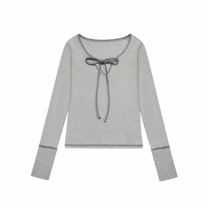 [BUNJANG] Mireco Stitch Ribbon T-Shirt Grey / 미레코 스티치 리본 티 그레이 STITCH RIBBON T