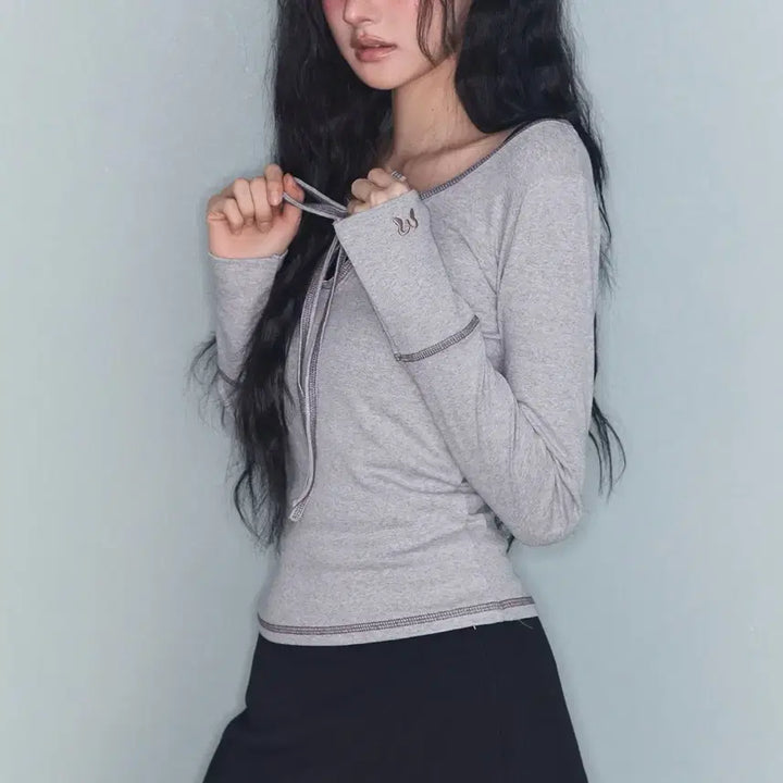 [BUNJANG] Mireco Stitch Ribbon T-Shirt Grey / 미레코 스티치 리본 티 그레이 STITCH RIBBON T