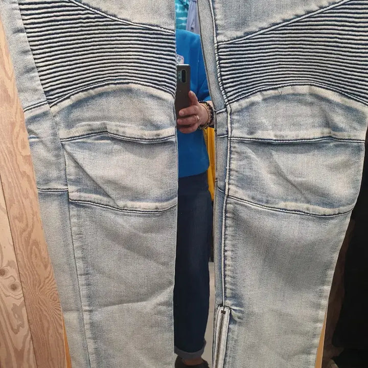 [BUNJANG] Balmain Light Blue Zipper Biker Jeans (Size 31-32) / 발망(BALMAIN) 라이트 블루 지퍼 바이커 진 (31~32)