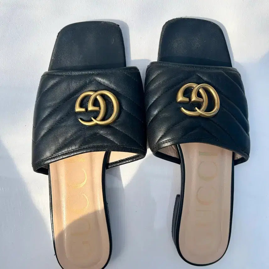 [BUNJANG] Gucci Marmont Black Leather Slippers Size 37 / 구찌 마몬트 블랙 레더 슬리퍼 37