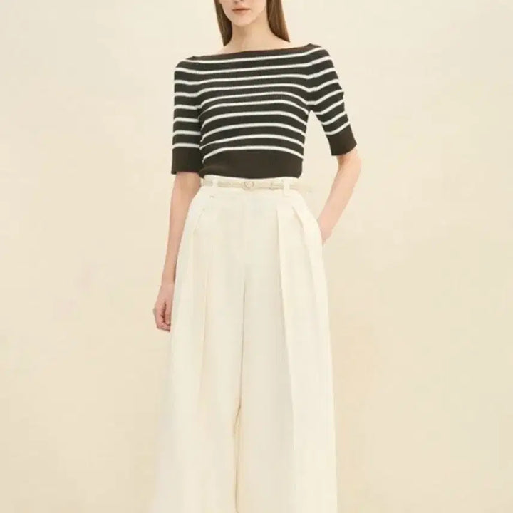 [BUNJANG] TIME Boat Neck Striped Knit (Free Size) / 타임 보트넥 스트라이프 쫀쫀 니트 새거 (프리)