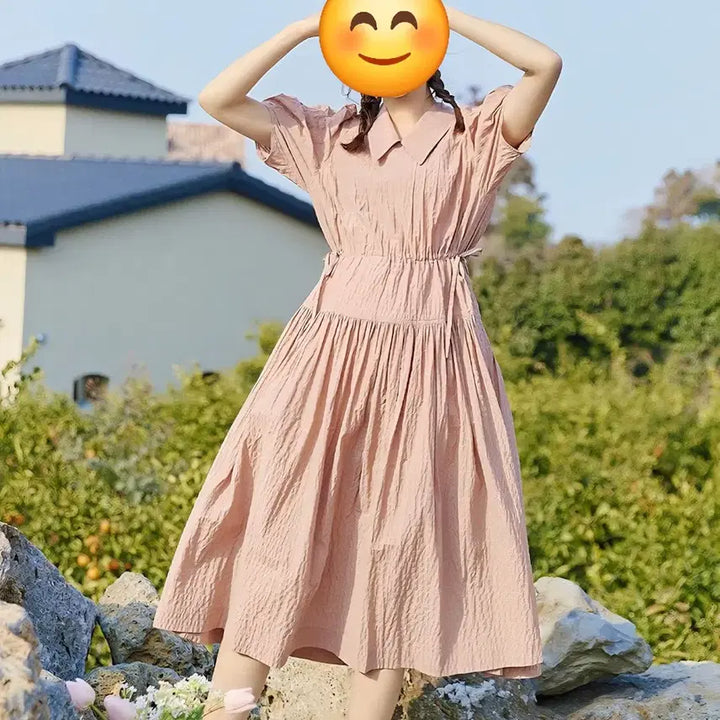 [BUNJANG] Thursday Island Pink Shirring Short Sleeve Long Dress / 써스데이아일랜드(스타일)핑크셔링 반팔 롱 원피스