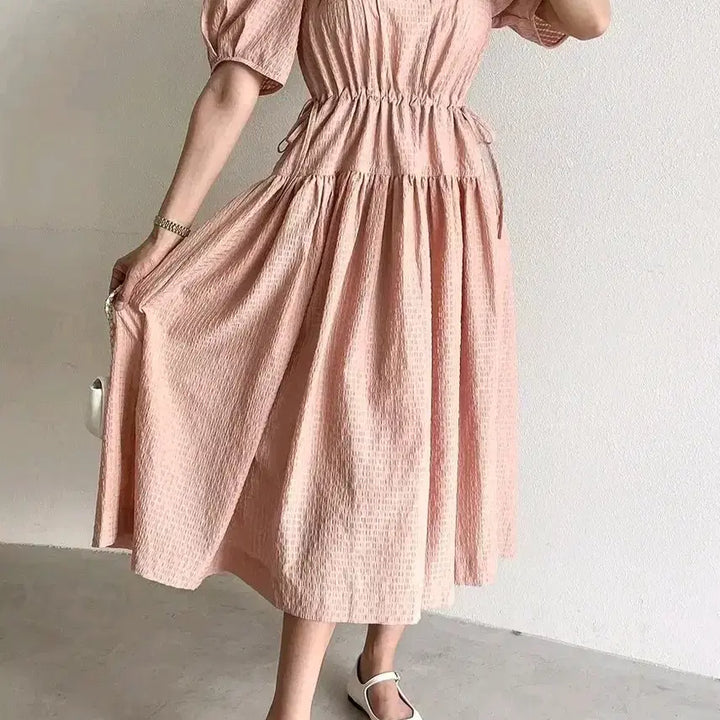 [BUNJANG] Thursday Island Pink Shirring Short Sleeve Long Dress / 써스데이아일랜드(스타일)핑크셔링 반팔 롱 원피스
