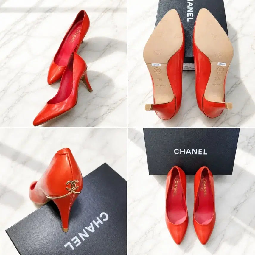 [BUNJANG] Chanel CC Logo Coral Red Patent Leather Pumps Heels Size 37C (240mm) / (정품) 샤넬 CC 로고 힐 펌프스  / 비브람  / 거의 새거라 보셔도