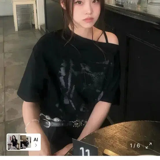 [BUNJANG] Leathery One-Off Shoulder T-Shirt / 레더리 원오프숄더티