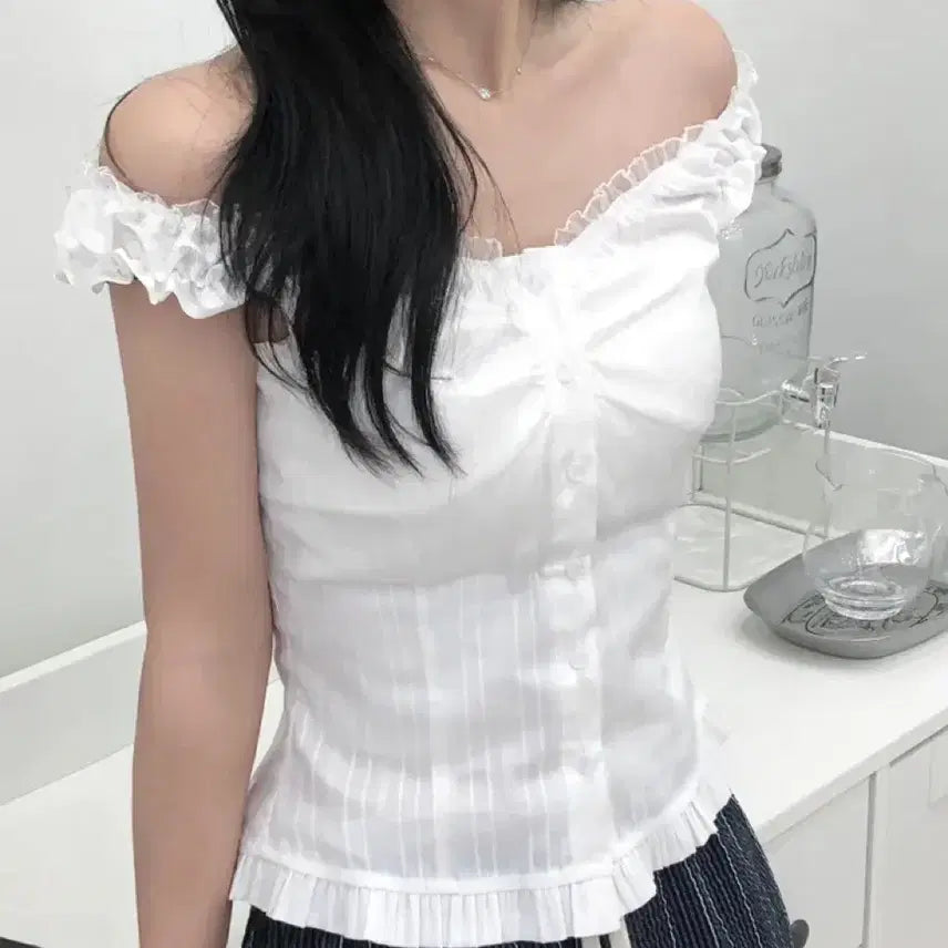 [BUNJANG] Lace Frill Off-Shoulder Blouse / 에이블리 레이스 프릴 블라우스 오프숄더