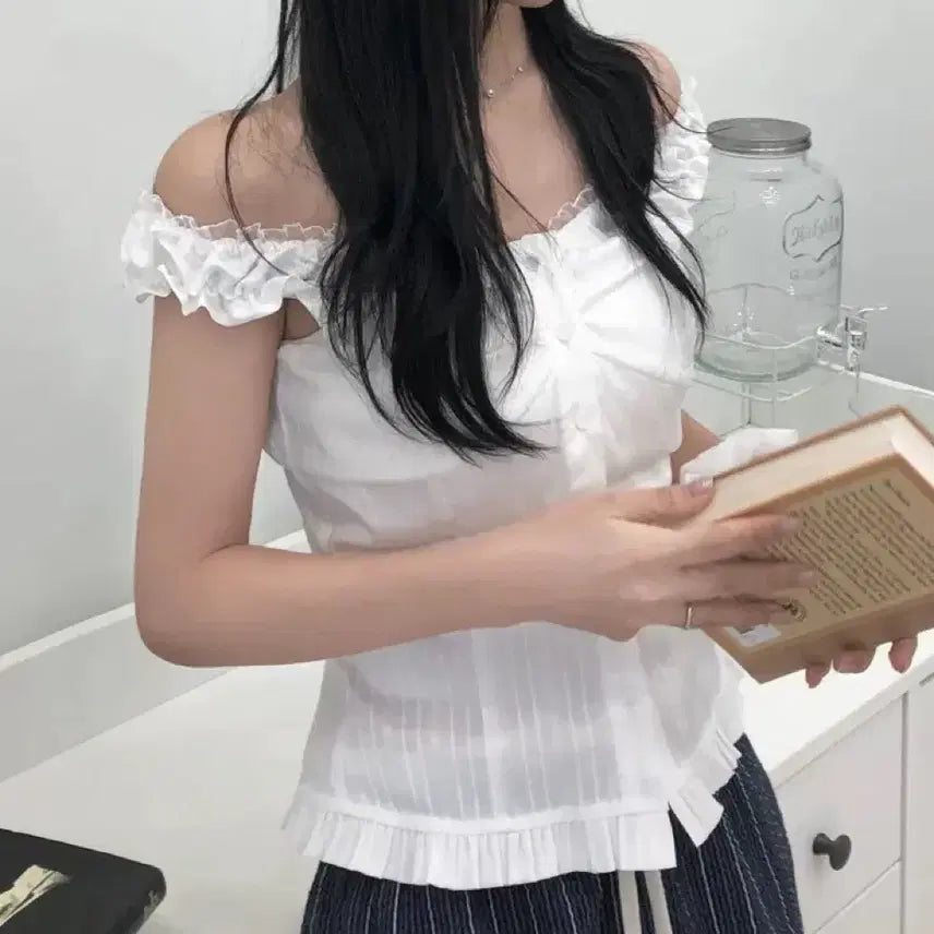 [BUNJANG] Lace Frill Off-Shoulder Blouse / 에이블리 레이스 프릴 블라우스 오프숄더