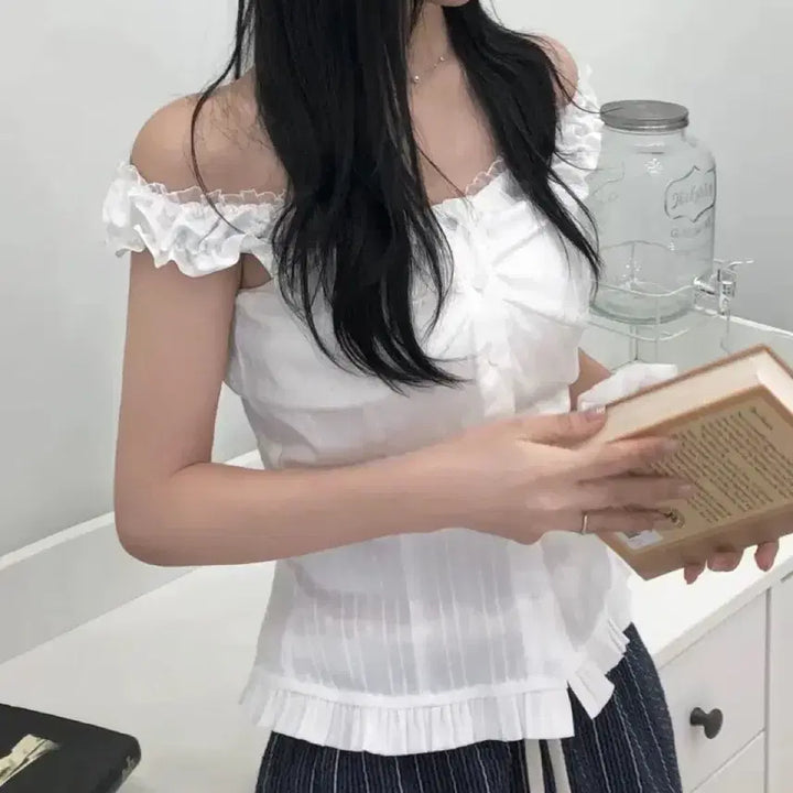 [BUNJANG] Lace Frill Off-Shoulder Blouse / 에이블리 레이스 프릴 블라우스 오프숄더