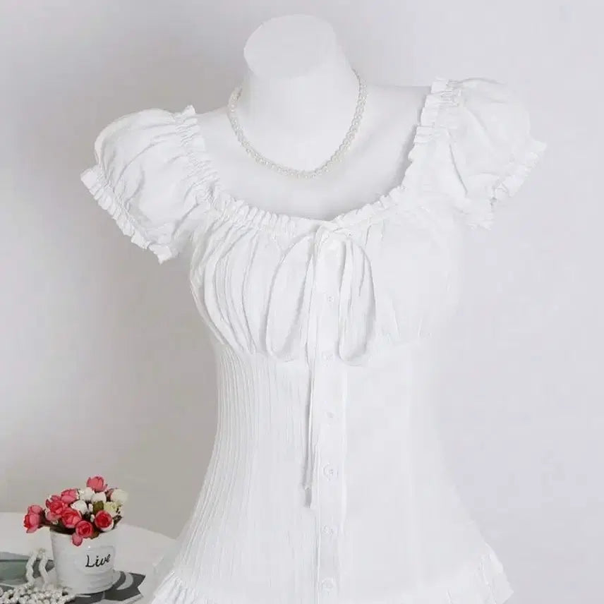 [BUNJANG] White Frill Short Sleeve Ribbon Blouse / 화이트 프릴 반팔 리본 블라우스