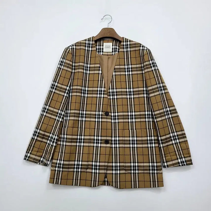 [BUNJANG] Studio Tomboy Alice Check Semi-Oversized Collarless Jacket / 스튜디오 톰보이 노카라 세미오버 체크 자켓/S/앨리스/1194