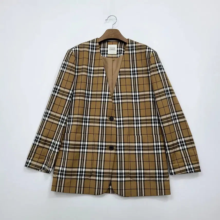 [BUNJANG] Studio Tomboy Alice Check Semi-Oversized Collarless Jacket / 스튜디오 톰보이 노카라 세미오버 체크 자켓/S/앨리스/1194