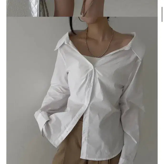 [BUNJANG] Off-Shoulder Line Shirt Blouse (New) / 오프카라 라인 셔츠 블라우스 (새상품)