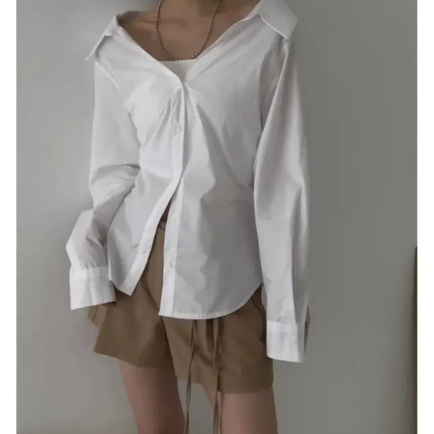 [BUNJANG] Off-Shoulder Line Shirt Blouse (New) / 오프카라 라인 셔츠 블라우스 (새상품)