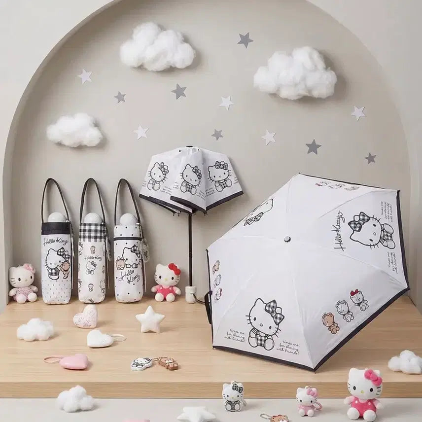 [BUNJANG] Sanrio Hello Kitty Black Check 3-Section Umbrella with Acrylic Charm Keyring / 산리오헬로키티우산 블랙체크 헬로키티아크릴참키링 3단우산
