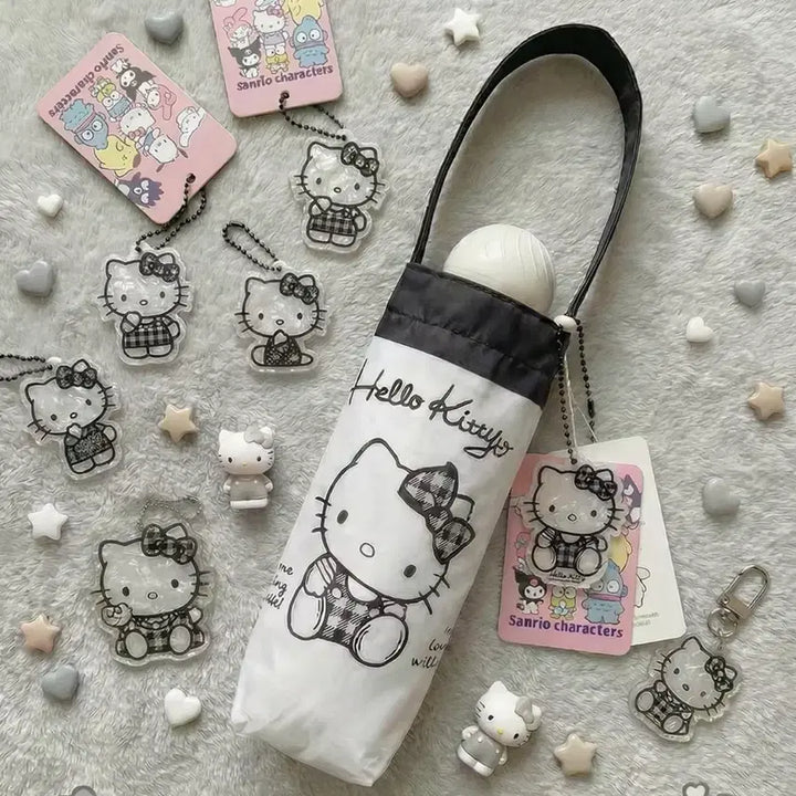 [BUNJANG] Sanrio Hello Kitty Black Check 3-Section Umbrella with Acrylic Charm Keyring / 산리오헬로키티우산 블랙체크 헬로키티아크릴참키링 3단우산